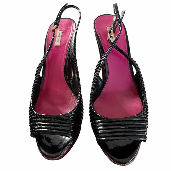 MIU MIU Black Patent Leather Sandals Peep Toe Sling Back Platforms Italy 38.5 - Picture 3 of 16